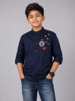 Boys' Navy Blue Dandelion Embroidered Mandarin Collar Kurta Shirt