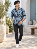 Coastal Blue Watercolor Floral Men's Long-Sleeve Shirt - Image 3