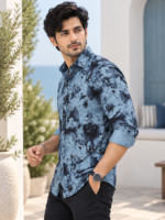 Coastal Blue Watercolor Floral Men's Long-Sleeve Shirt - Image 2