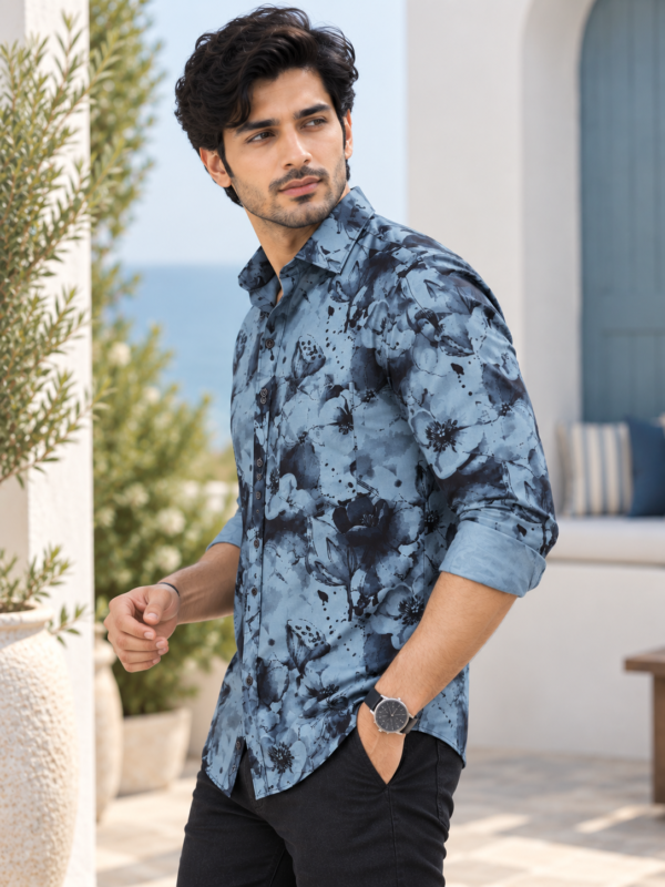 Coastal Blue Watercolor Floral Men's Long-Sleeve Shirt - Image 2