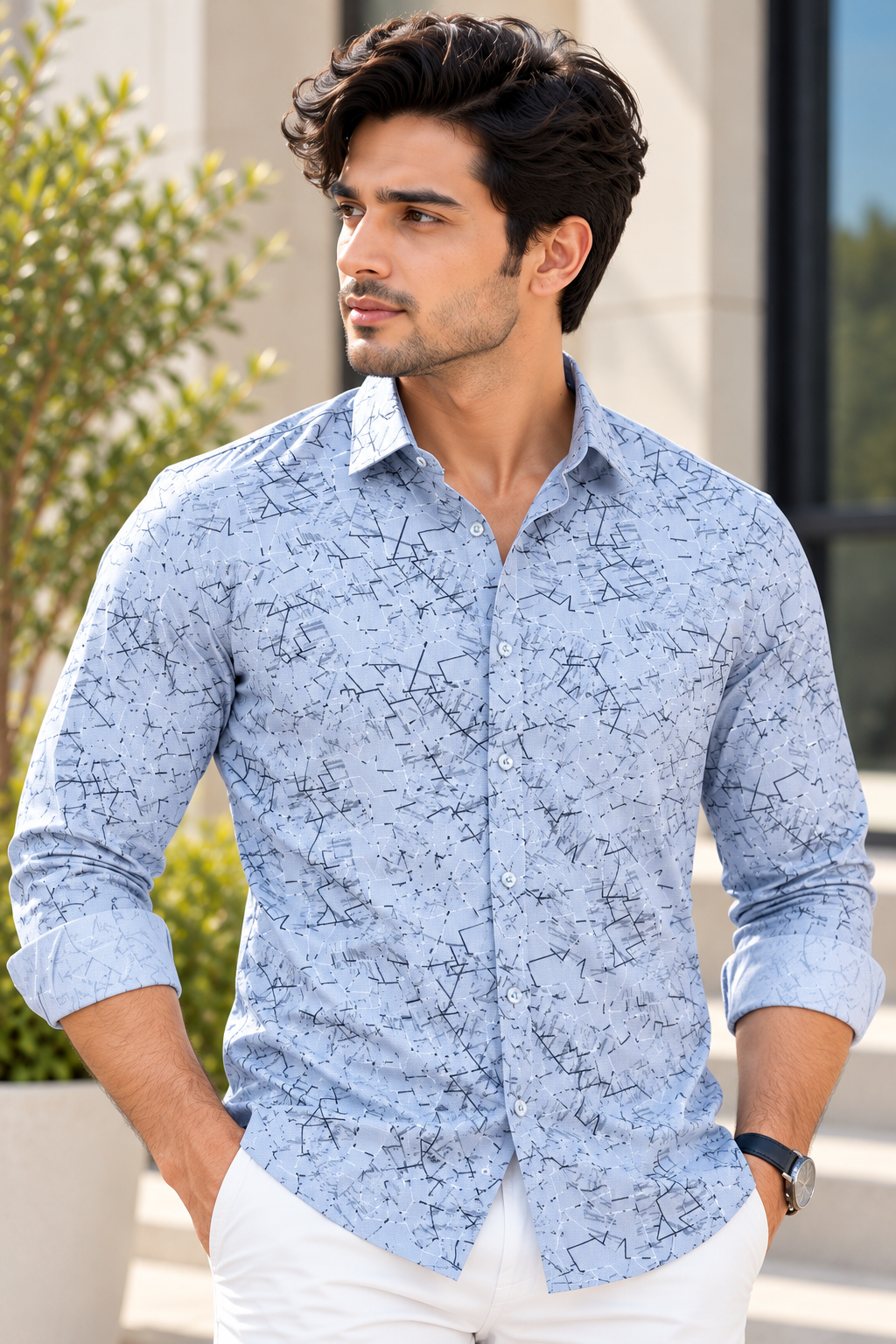 c94cf47b-de8d-43a8-bc7b-fd6e3d177d69 Modern Sky Blue Geometric Print Button-Down Shirt - Image 1