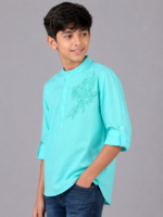 Boys' Turquoise Embroidered Mandarin Collar Kurta Shirt - Image 2