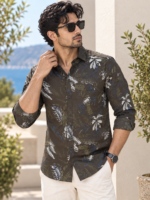 Men's Olive Botanical Print Long-Sleeve Resort Shirt