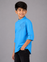 Boys' Radiant Blue Floral Embroidered Mandarin Collar Kurta - Image 3