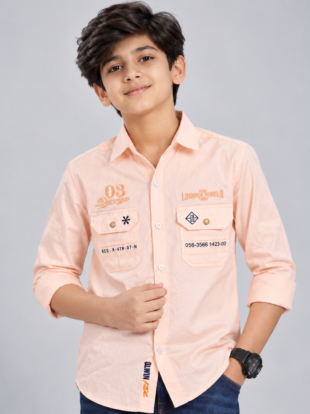 d1b22f2d-6870-4952-9184-8d7c1d552a16 Boys Peach Casual Utility Button-Down Shirt - Image 1