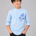 Boys Light Blue Embroidered Mandarin Collar Kurta Shirt