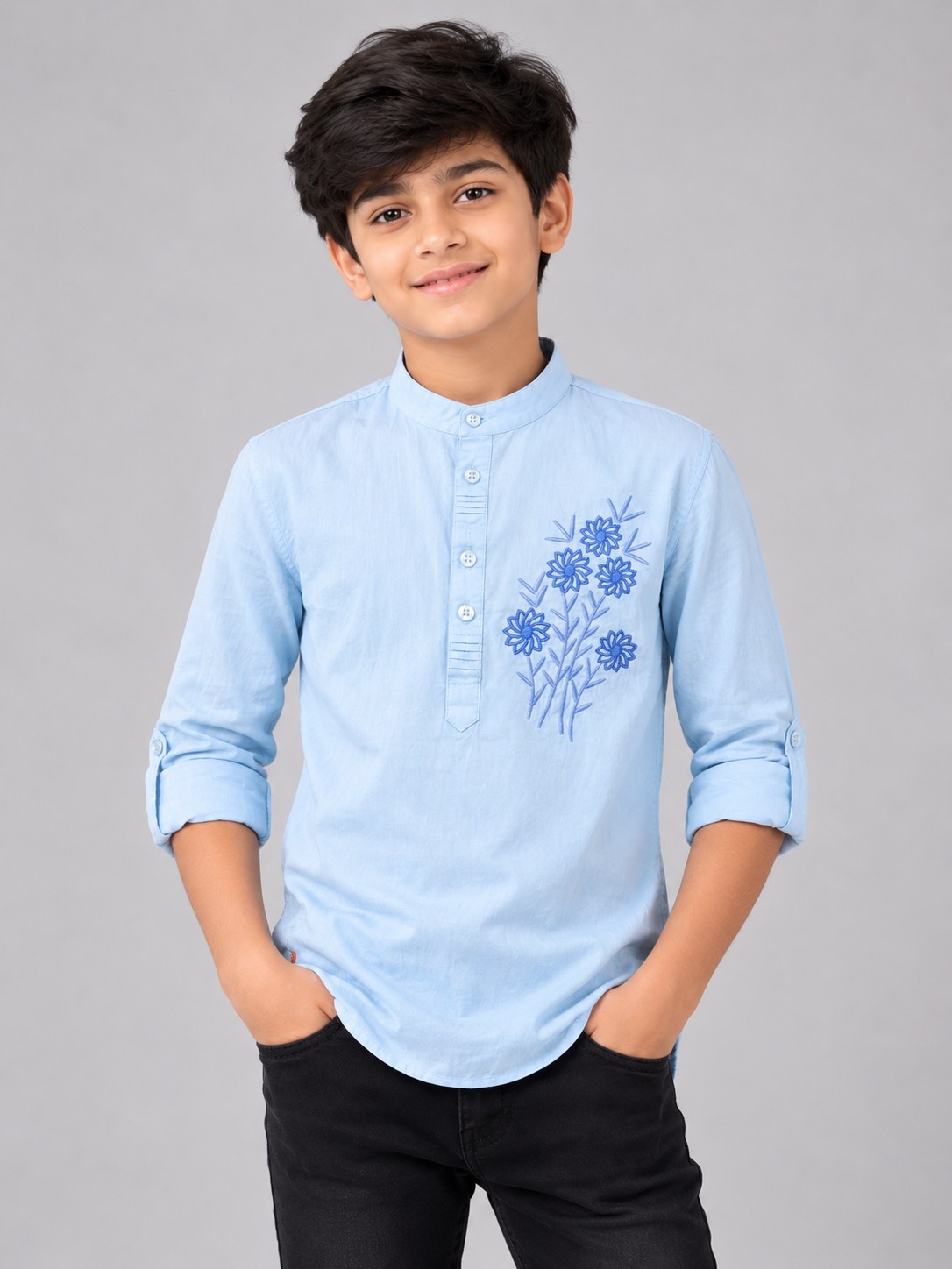 d462beeb-e7b3-4a8a-b8ec-eafdfdc36c70 Boys Light Blue Embroidered Mandarin Collar Kurta Shirt - Image 1