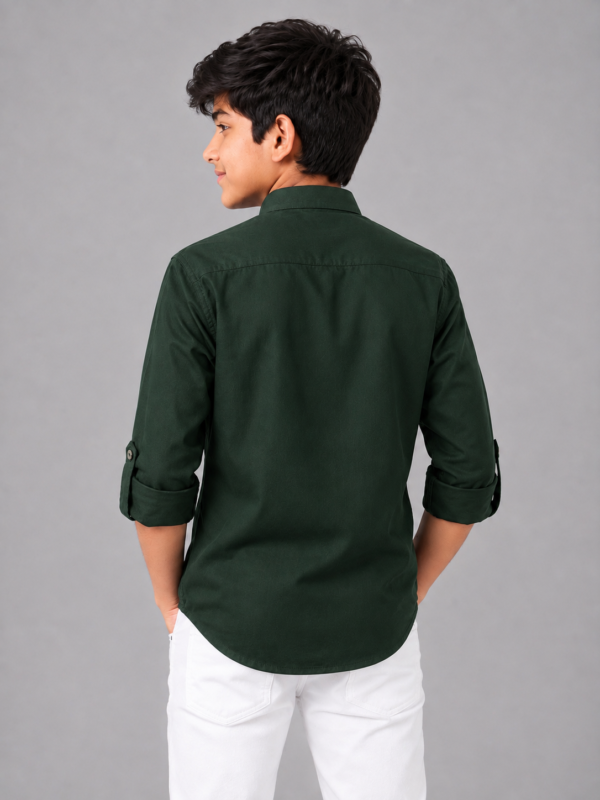 Boys Dark Green Embroidered Mandarin Collar Kurta Shirt - Image 3