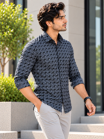 Modern Geometric Print Button-Down Shirt in Charcoal - Image 2