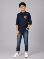 Boys' Navy Blue Dandelion Embroidered Mandarin Collar Kurta Shirt - Image 4