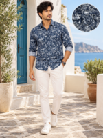 Coastal Blue Botanical Print Long-Sleeve Men's Shirt - Image 3