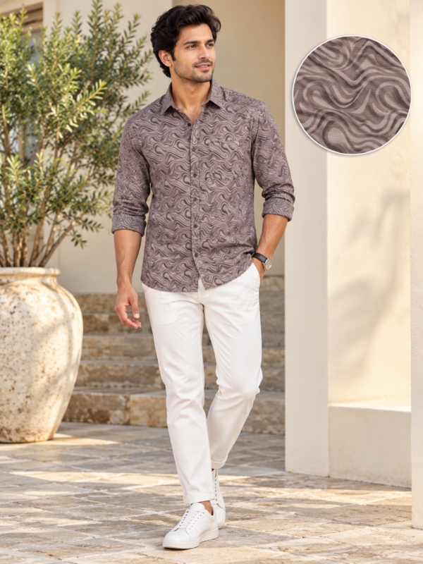 Men's Taupe Swirl Print Long Sleeve Button-Down Shirt - Image 2