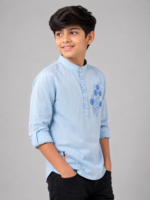 Boys Light Blue Embroidered Mandarin Collar Kurta Shirt - Image 3
