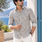 Mediterranean Geo-Print Long Sleeve Linen-Blend Shirt