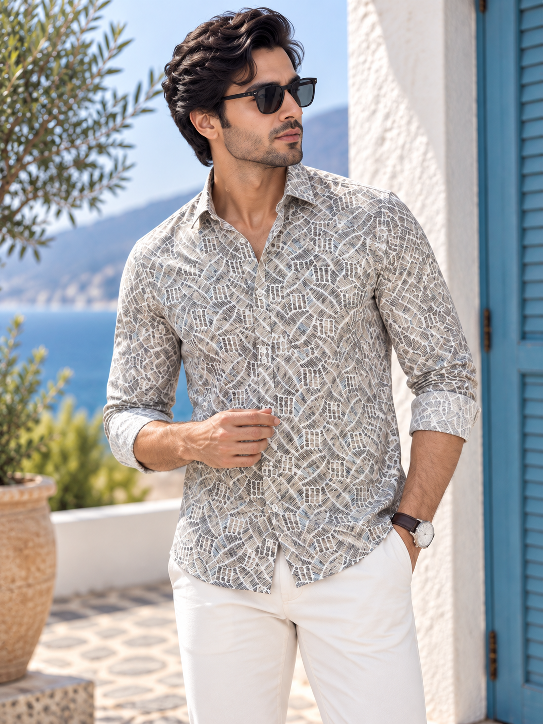 e234e2e3-d010-4a06-b94f-7fe8e5637af7 Mediterranean Geo-Print Long Sleeve Linen-Blend Shirt - Image 1