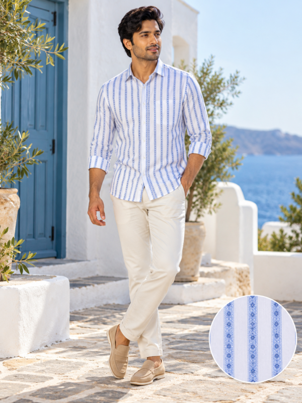 Men's Blue and White Striped Cotton Resort Shirt - Image 3