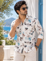 Coastal Bloom Men's Floral Print Long-Sleeve Shirt