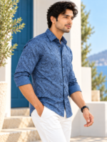 Mediterranean Wave Print Men's Casual Long Sleeve Shirt - Image 3