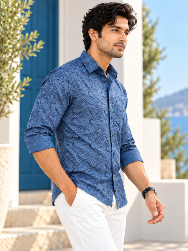Mediterranean Wave Print Men's Casual Long Sleeve Shirt - Image 3