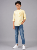 Boys Pastel Yellow Embroidered Mandarin Collar Kurta - Image 3
