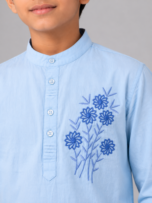 Boys Light Blue Embroidered Mandarin Collar Kurta Shirt - Image 4
