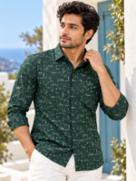 Men's Forest Green Abstract Print Cotton Button-Down Shirt