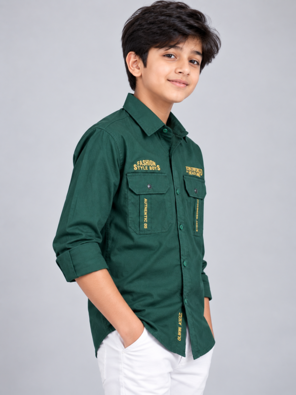 Boys' Utility-Style Dark Green Long-Sleeve Shirt with Graphic Embroidery - Image 3