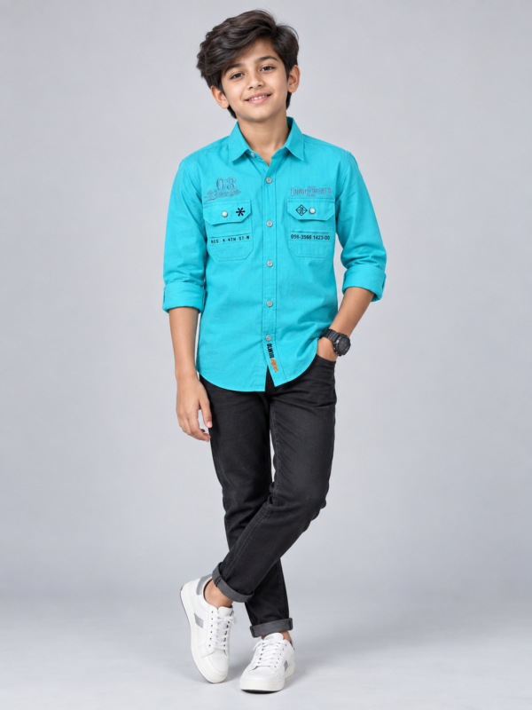 Boys Vibrant Turquoise Utility Shirt with Graphic Detailing - Image 2