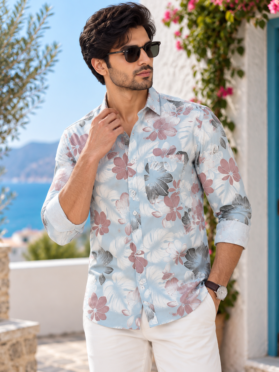 f898492f-6366-401a-9e5a-e3400111edf6 Mediterranean Breeze Floral Print Men's Casual Shirt - Image 1