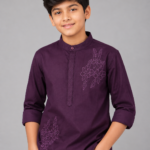 Boys' Deep Purple Embroidered Mandarin Collar Kurta
