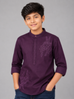 Boys' Deep Purple Embroidered Mandarin Collar Kurta