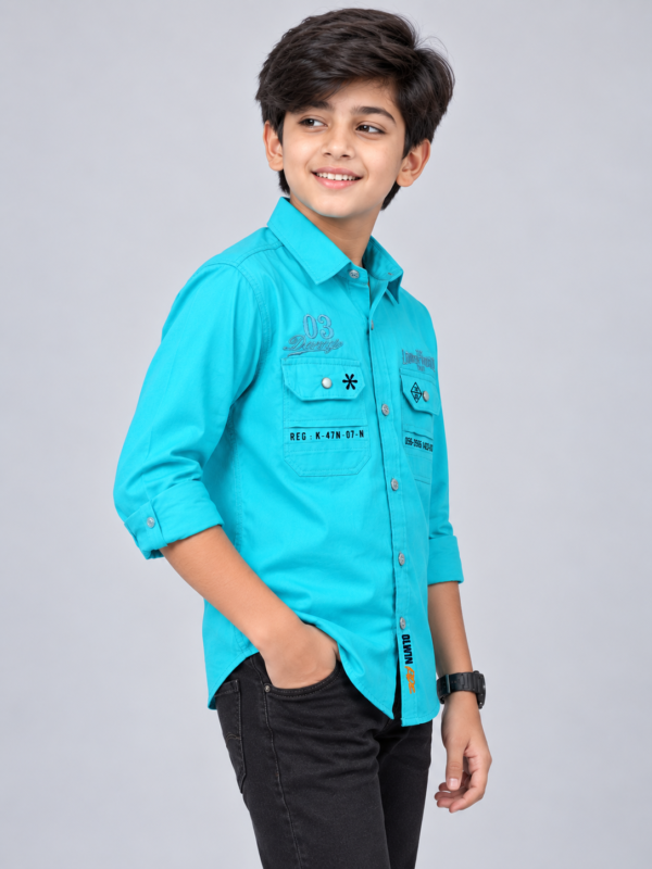 Boys Vibrant Turquoise Utility Shirt with Graphic Detailing - Image 3
