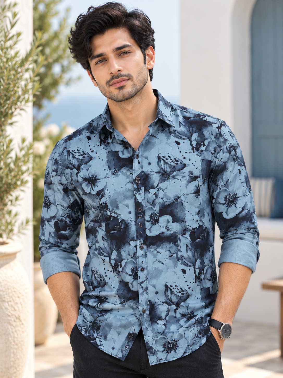 fcde423e-dce9-40a7-9351-2381a1b4bc7d Coastal Blue Watercolor Floral Men's Long-Sleeve Shirt - Image 1