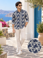 Mediterranean Geo-Print Men's Long-Sleeve Resort Shirt - Image 3