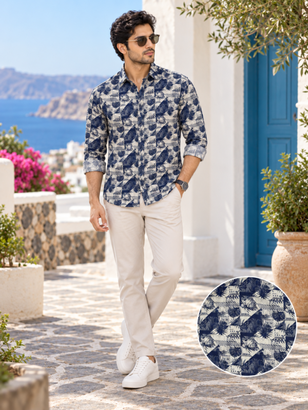Mediterranean Geo-Print Men's Long-Sleeve Resort Shirt - Image 3