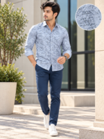 Modern Sky Blue Geometric Print Button-Down Shirt - Image 2