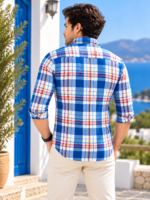 Classic Men's Blue Multi-Check Cotton Casual Shirt - Image 3