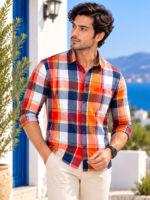 Men's Vibrant Sunset Plaid Casual Button-Down Shirt - Image 2