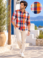 Men's Vibrant Sunset Plaid Casual Button-Down Shirt