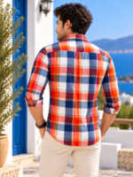 Men's Vibrant Sunset Plaid Casual Button-Down Shirt - Image 4