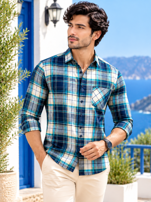 Coastal Breeze Men's Teal & Navy Plaid Button-Down Shirt - Image 4