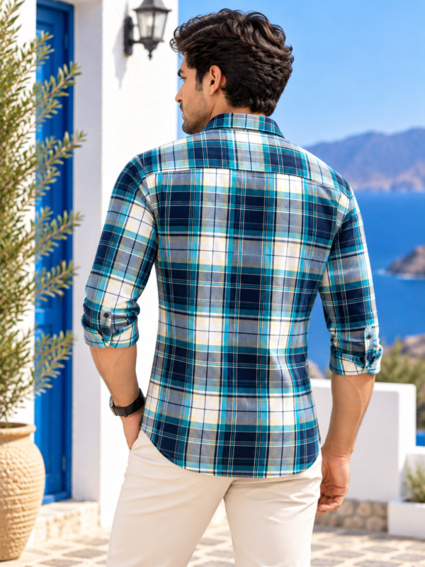 Coastal Breeze Men's Teal & Navy Plaid Button-Down Shirt - Image 3