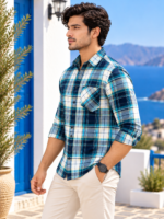 Coastal Breeze Men's Teal & Navy Plaid Button-Down Shirt