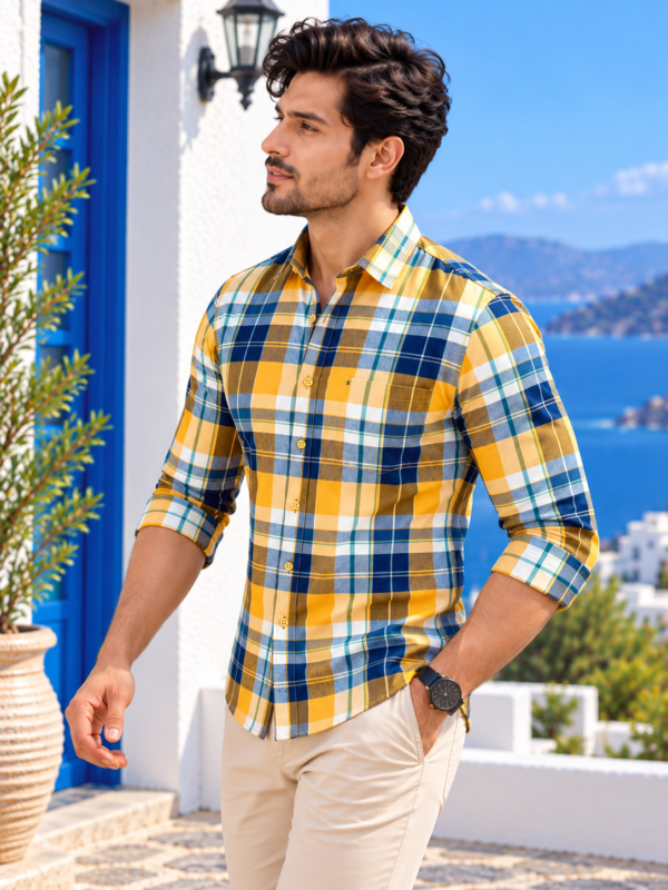 Sun-Kissed Plaid Button-Down Shirt in Golden Yellow & Navy - Image 2