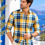 Sun-Kissed Plaid Button-Down Shirt in Golden Yellow & Navy