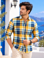 Sun-Kissed Plaid Button-Down Shirt in Golden Yellow & Navy