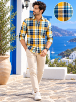 Sun-Kissed Plaid Button-Down Shirt in Golden Yellow & Navy - Image 3