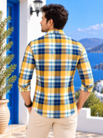 Sun-Kissed Plaid Button-Down Shirt in Golden Yellow & Navy - Image 4
