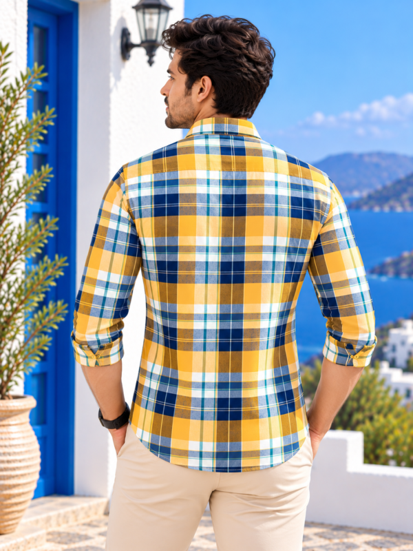 Sun-Kissed Plaid Button-Down Shirt in Golden Yellow & Navy - Image 4